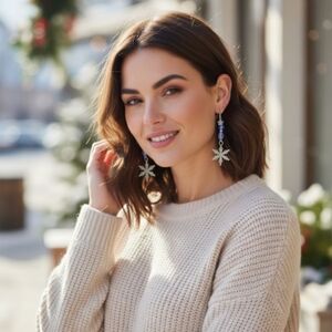 Festive Holiday Elegant Classy Pave Crystal Star Snowflakes Blue Dangle Earrings